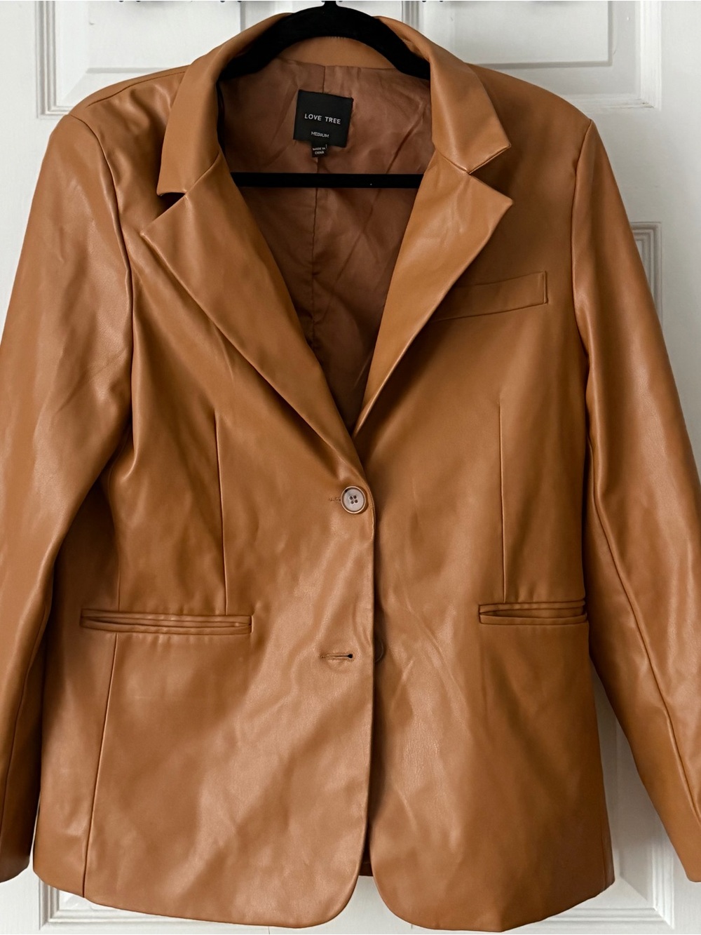 Cognac Faux Leather Blazer Jacket Size M Trendy Brown Vegan Leather Outerwear